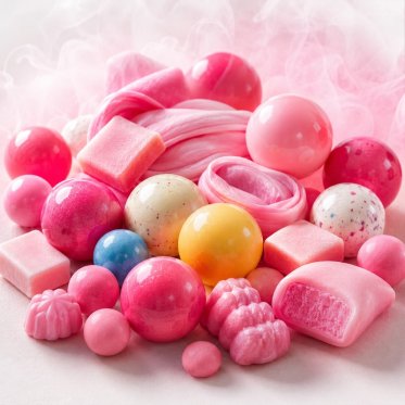 Bubblegum/tyggegummier med aroma damp i baggrunden