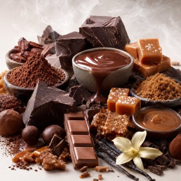 Chokolade, karamel og m�rk s�dme med med aroma damp i baggrunden