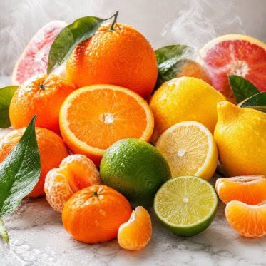 Blandede citrusfrugter med aroma damp i baggrunden