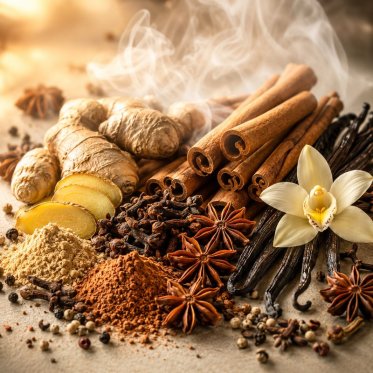 Krydderier med aroma damp i baggrunden