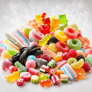 Slik og candy med aroma damp i baggrunden