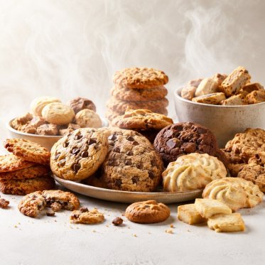 Sm�kager og cookies med aroma damp i baggrunden