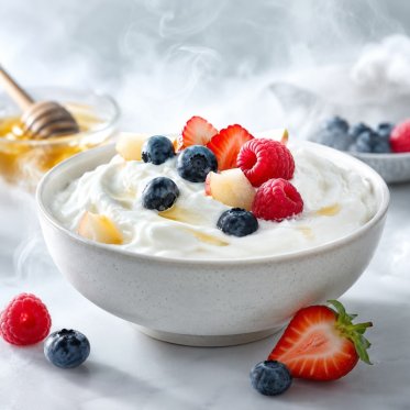 Youghurt i sk�l med aroma damp i baggrunden