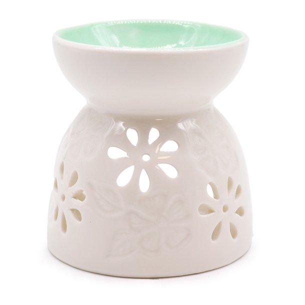 Aromalampe med blomsterdekoration og turkis sk�l