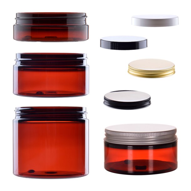 Brun krukke i PET-plast, forskellige st�rrelser og l�gtyper: