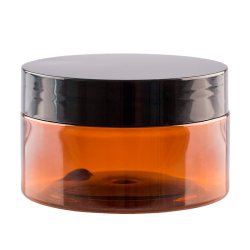 Brun krukke i PET-plast, forskellige st�rrelser og l�gtyper: