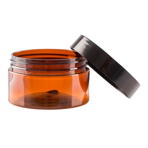 Brun krukke i PET-plast, forskellige st�rrelser og l�gtyper: