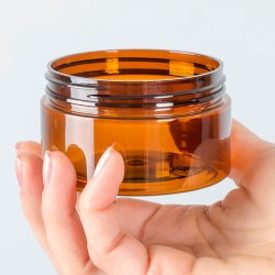 Brun krukke i PET-plast, forskellige st�rrelser og l�gtyper: