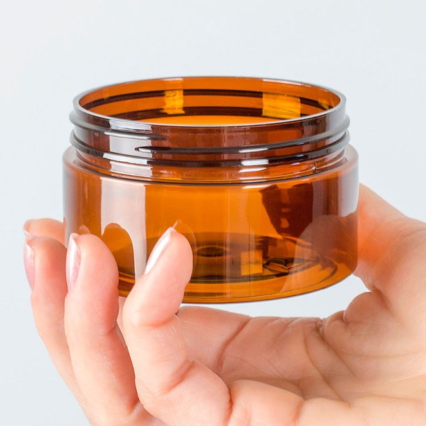 Brun krukke i PET-plast, forskellige strrelser og lgtyper: