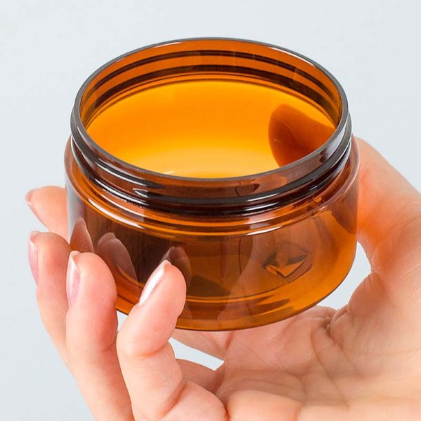 Brun krukke i PET-plast, forskellige st�rrelser og l�gtyper: