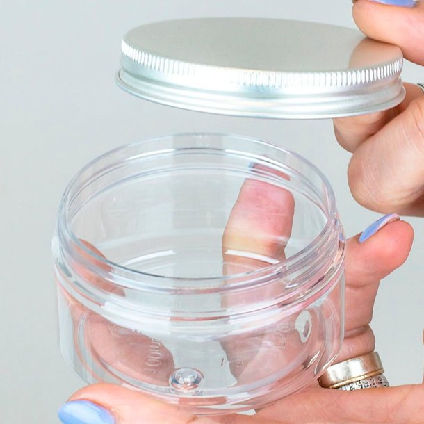 Klar krukke i PET-plast, forskellige strrelser og lgtyper