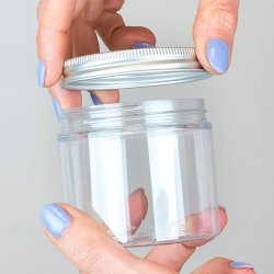 Klar krukke i PET-plast, forskellige strrelser og lgtyper