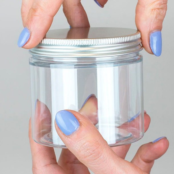 Klar krukke i PET-plast, forskellige st�rrelser og l�gtyper