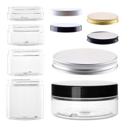 Klar krukke i PET-plast, forskellige strrelser og lgtyper