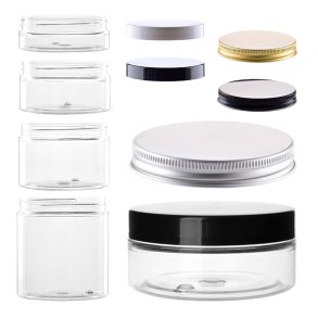 Klar krukke i PET-plast, forskellige strrelser og lgtyper