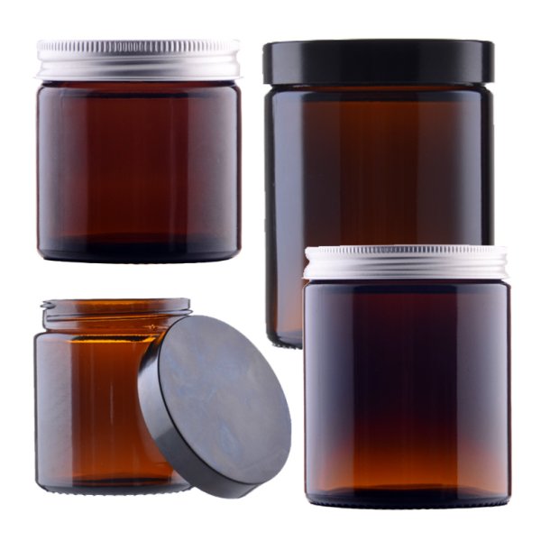 Glas-krukke, brun, flere strrelser og lgtyper: