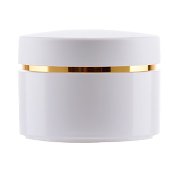 Dobbeltvgget plast-krukke, 50 ml, med dekorations-stribe Guld