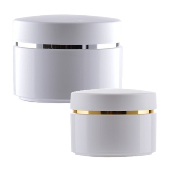 Dobbeltv�gget plast-krukke, 50 ml, med dekorations-stribe